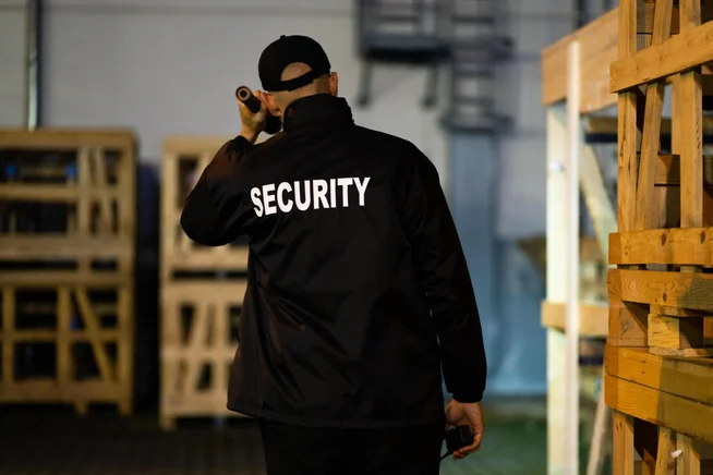 Agent de sécurité de la société de sécurité Agadir patrouillant un site industriel avec un talkie-walkie
